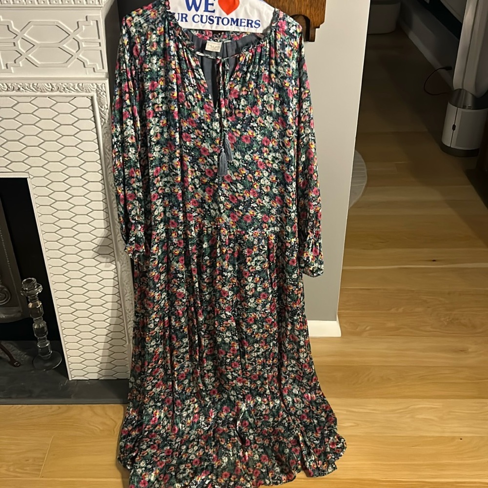 SILK & SALT Women's Floral Print Tie Split Neck Long Sleeve Maxi Dress Size L